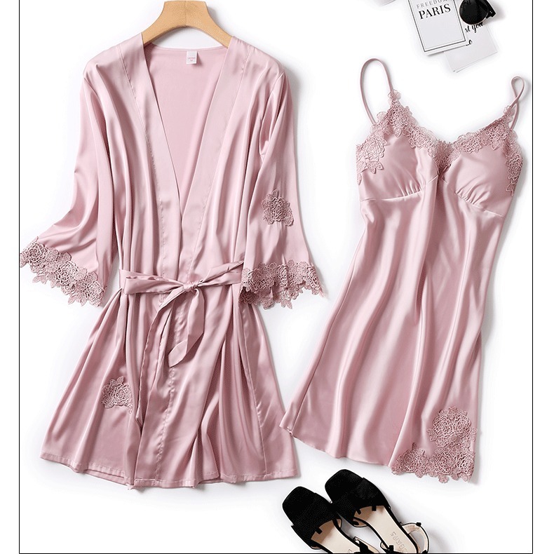 Pajamas with brassiere for women spring and autumn thin summer ice silk sexy four piece home wear suspender Nightgown set