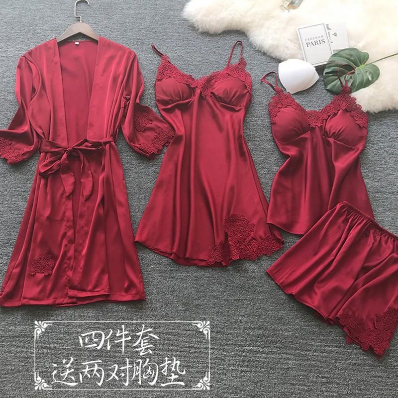 Pajamas with brassiere for women spring and autumn thin summer ice silk sexy four piece home wear suspender Nightgown set