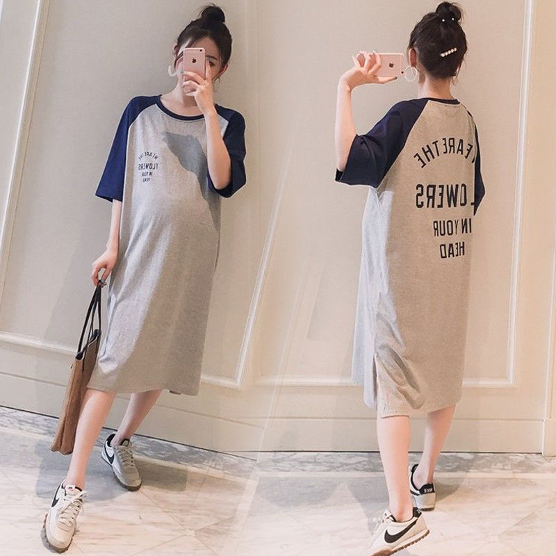 Pregnant women's Summer Short Sleeve Dress Large Spring Dress Medium Length T-shirt long skirt fashion Korean pregnant women's summer skirt