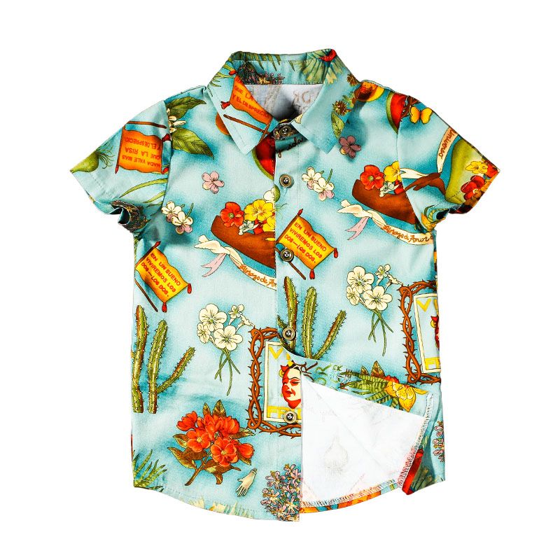 Boys' shirt summer children's Retro slim short sleeve shirt British Japanese printed shirt personality trendy man