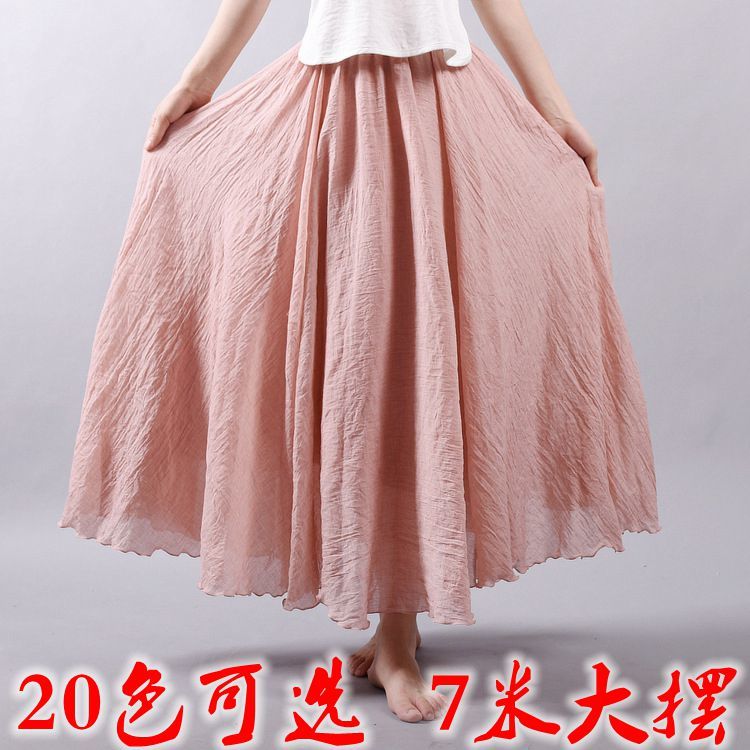 Women art large cotton hemp skirt elastic waist linen A-shaped skirt long pure color national style big skirt length