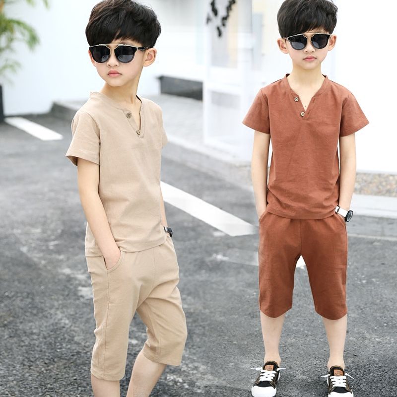 Cotton boys' suit T-shirt 2020 new summer children's short sleeve shorts Imitation cotton hemp two piece suit