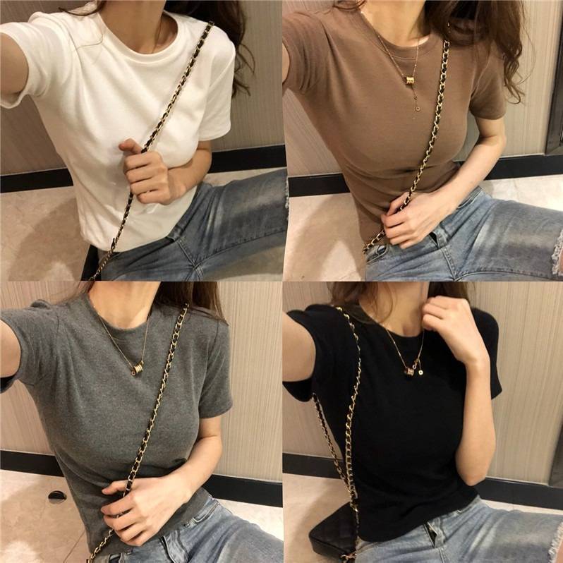 Ins summer summer short-sleeved T-shirt women's self-cultivation solid color half-sleeved top clothes students all-match fashion tight-fitting bottoming shirt