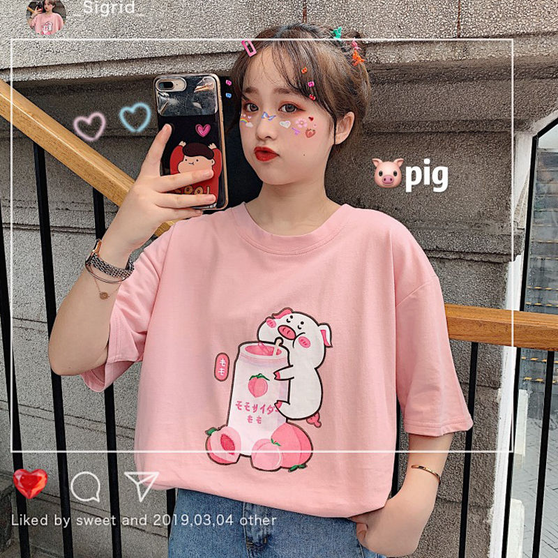 Summer Korean Version cute cartoon loose short sleeve t-shirt female pink net red ins top student Hong Kong style base shirt fashion
