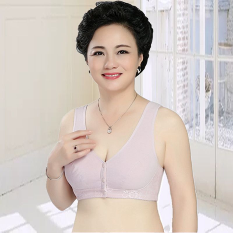 Middle-aged and elderly mother women middle-aged no steel ring front buckle cotton bra large size bra full cup underwear vest style thin