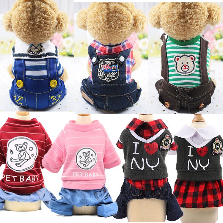 Dog clothes spring and autumn four legged clothes teddy bear small check denim cat clothes cowboy pets