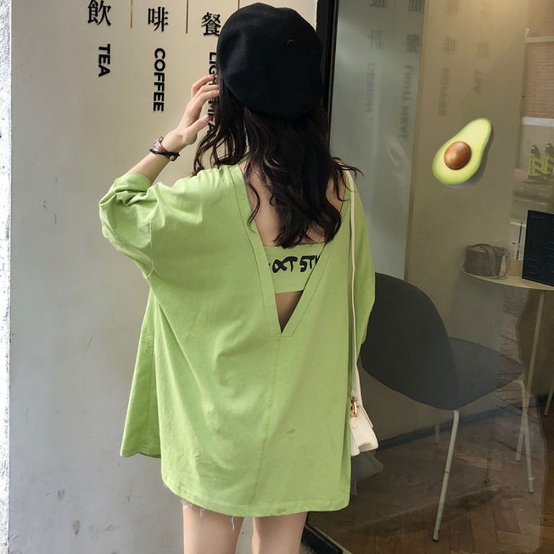 Open back short sleeve t-shirt female students Korean version loose 2020 new summer BF wind medium length half sleeve top ins fashion