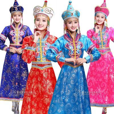 女士蒙古袍长款传统蒙古族舞蹈演出服蒙族婚礼新娘服饰女蒙古衣服