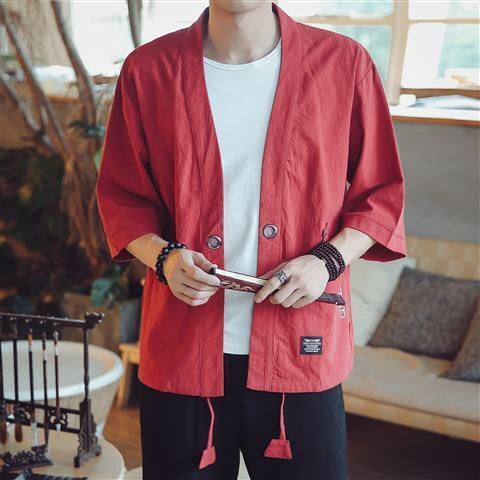 Chinese style thin Taoist robe men's short sleeve Tang cardigan kimono 7-sleeve sunscreen coat summer chic Hefeng coat