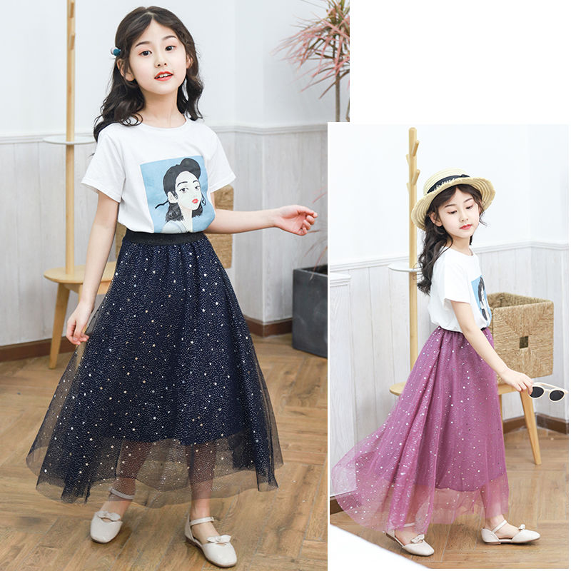 Girls' half length dress mid length 2020 new Xia Zhong Da Tong Korean version star sky dress parent child dress mesh skirt
