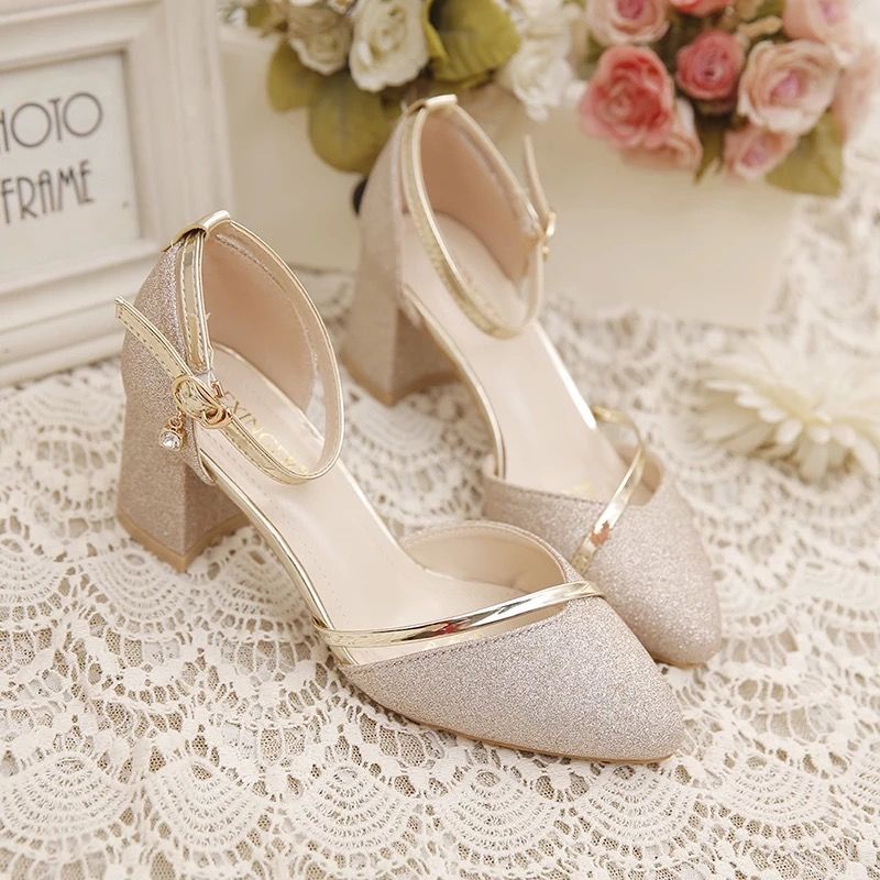 Single shoes women spring and autumn new Sequin wedding shoes women versatile thick heel single shoes button Bridesmaid high heel shoes