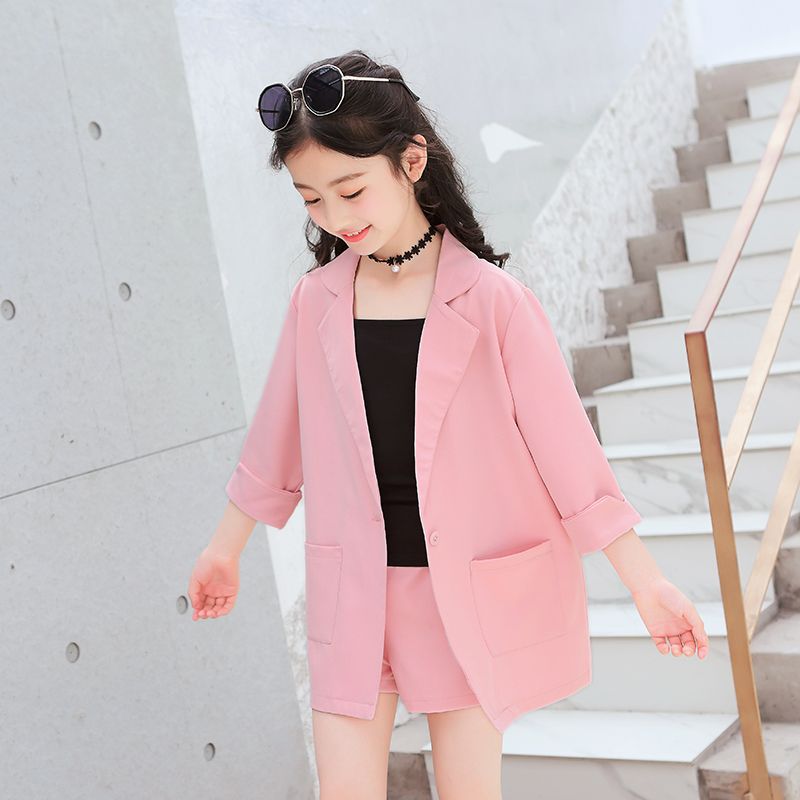 Girls' three piece suit 2020 spring summer coat Korean Blazer two piece medium and large children's suit foreign style girl