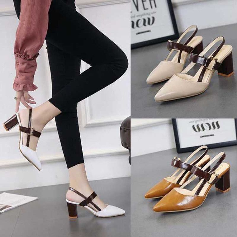 Spring and summer 2020 new single shoes women's pointed thick heel Baotou women's shoes middle heel one button high heeled shoes versatile women's sandals