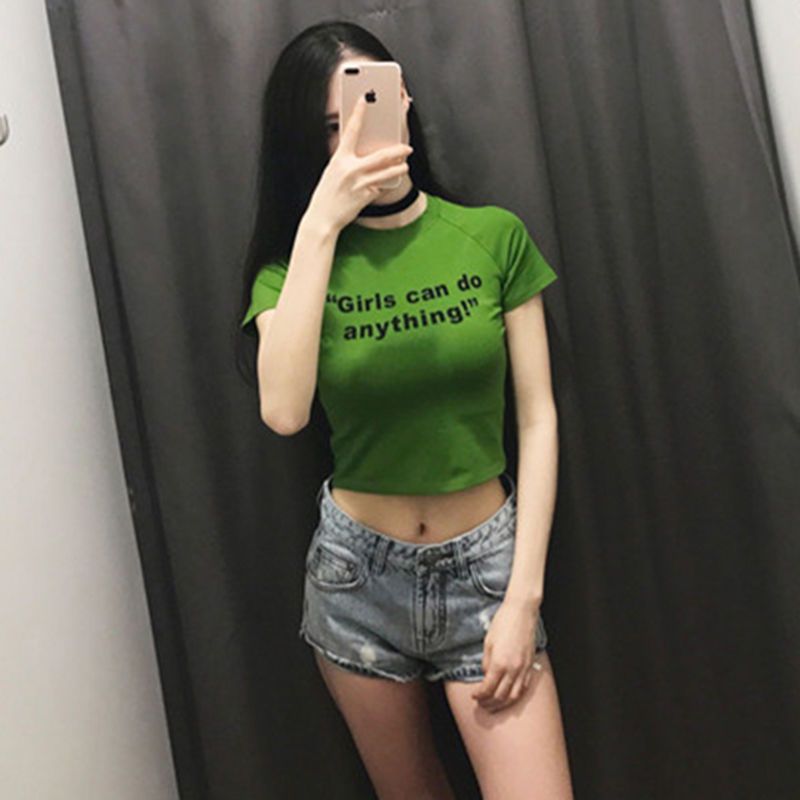 Chic summer tight short matcha green short-sleeved t-shirt female student social net red self-cultivation mustard green top tide