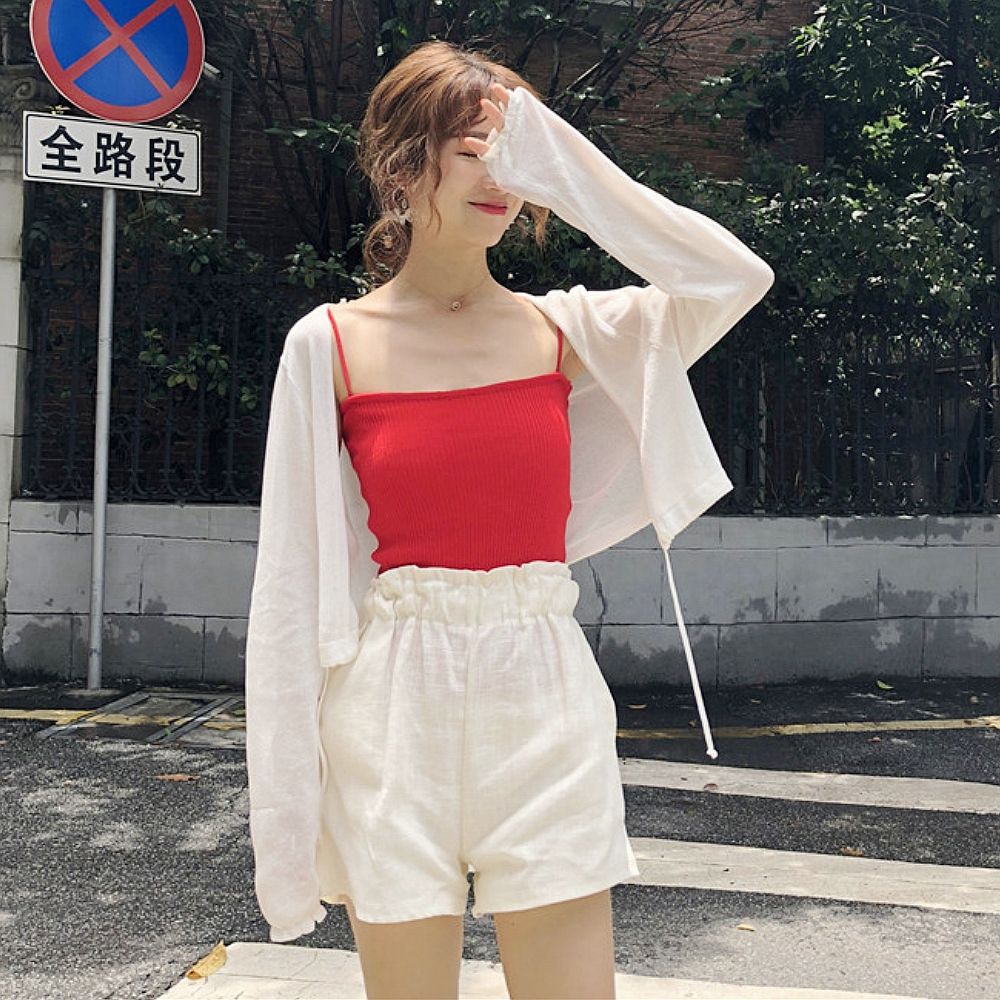 Sunscreen clothing women's short student Korean version thin coat summer cardigan chiffon small shawl sunscreen clothing with suspenders