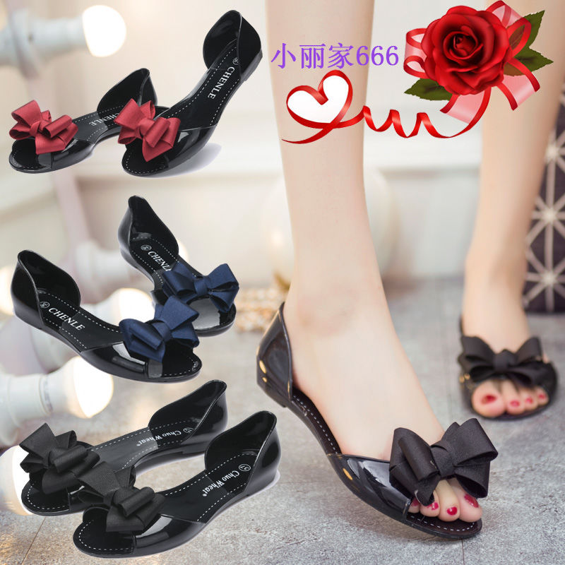 Fish mouth sandals women's summer flat bottomed Student Korean flower new bow women's shoes jelly shoes transparent crystal shoes