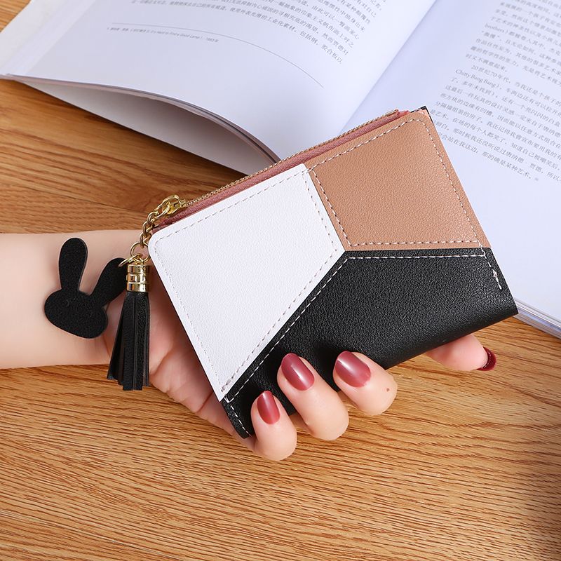 Ins popular purse women's short three color stitching color tassel ultra thin two fold wallet card bag change bag