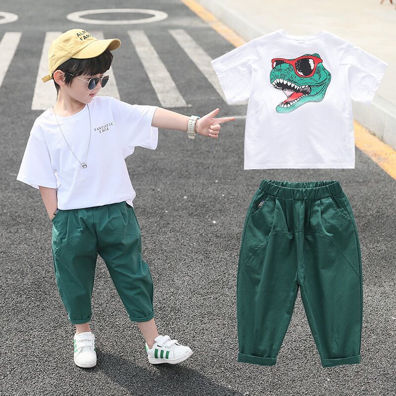 2020 new boys' suit summer wear children's short sleeve two piece set pure cotton foreign style Zhongda children's Korean dinosaur fashion suit
