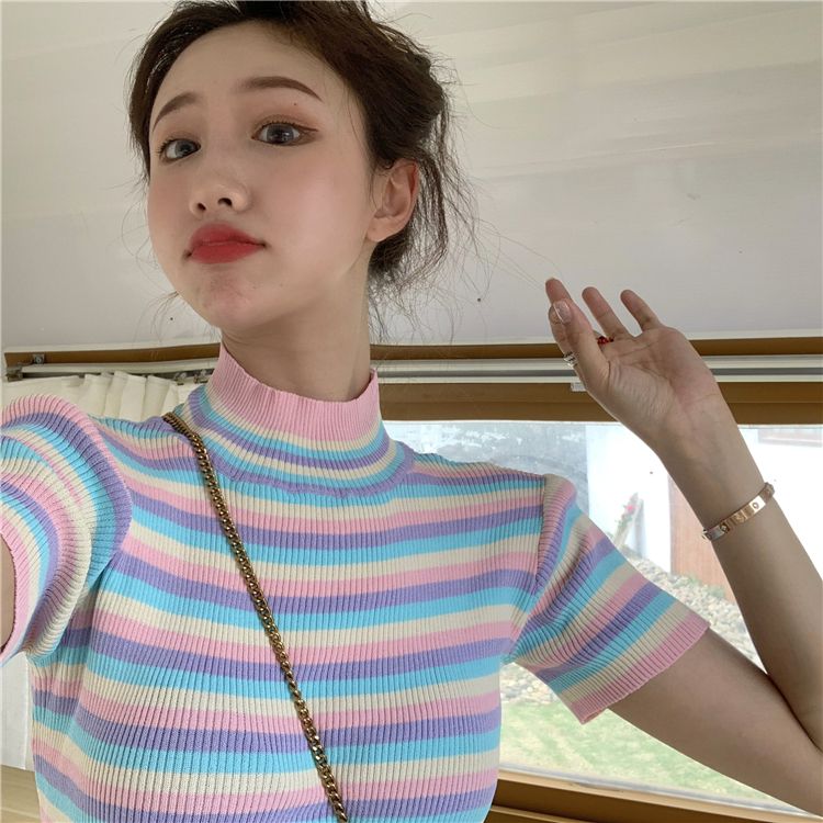 夏装新款韩版Chic甜美彩虹条纹修身针织衫百搭短款T恤衫女潮