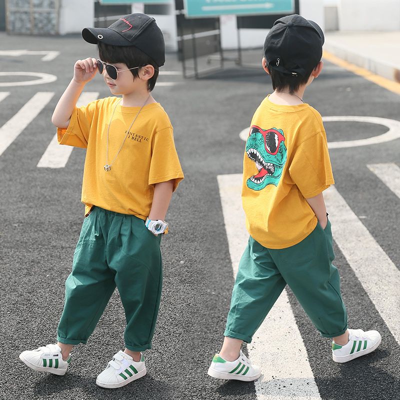 2020 new boys' suit summer wear children's short sleeve two piece set pure cotton foreign style Zhongda children's Korean dinosaur fashion suit