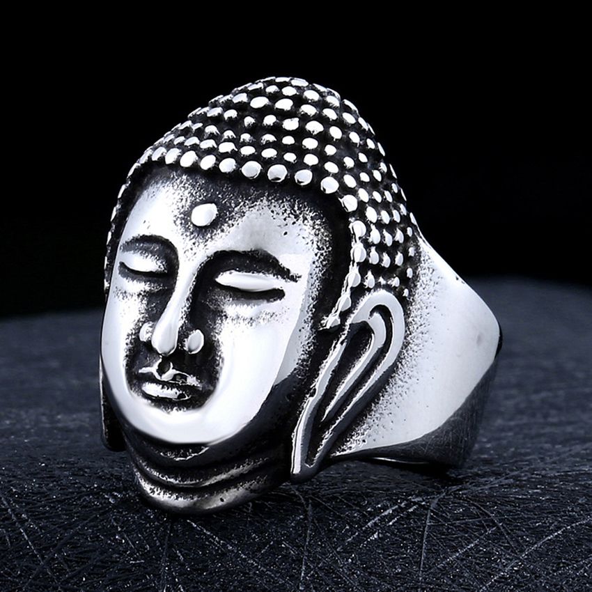 男士个性复古钛钢佛教护身戒指 释迦牟尼佛祖头像食指环 学生饰品