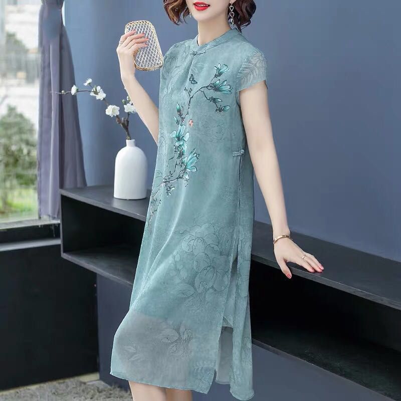 Big size mother dress noble foreign style 2020 new broad wife cheongsam middle aged women summer dress medium length skirt
