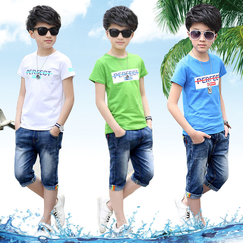 [95% cotton T-shirt + jeans pants] boys' short sleeve set children's summer wear two sets medium sized children 2