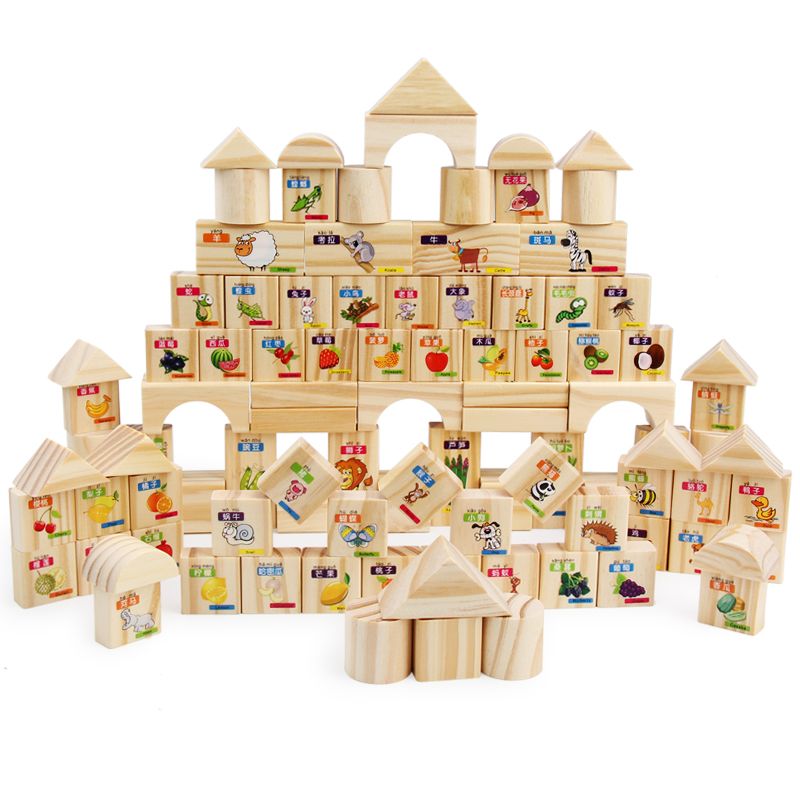 进口实木儿童积木拼装益智玩具男孩女孩开发智力小孩早教木头拼图
