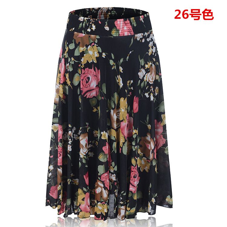 Summer skirt mother wear large size short skirt Middle-aged and elderly ice silk sundress A-line skirt elastic waist dance skirt