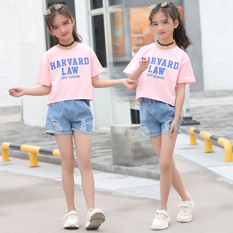 Children's wear Girls Denim Shorts Set summer 2020 new children's Korean version of big boys' foreign style short sleeve two piece set