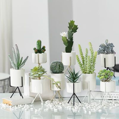北欧INS风铁艺几何支架陶瓷布丁瓶仿真植物假多肉盆栽客厅小摆件