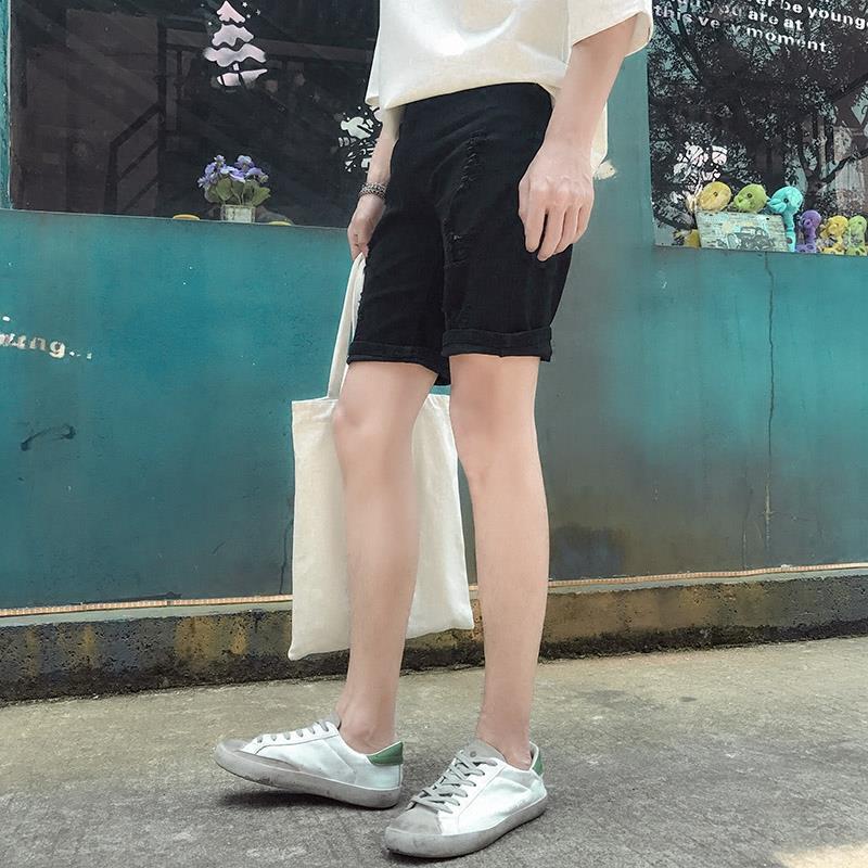 Summer white holed Jeans Shorts men's Capris Korean fashion loose elastic Capris men's fashion