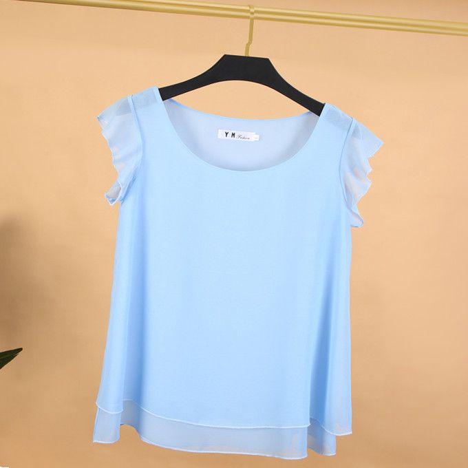  new summer dress plus size women's clothing covering belly pure color chiffon round neck top loose and versatile short-sleeved bottoming shirt
