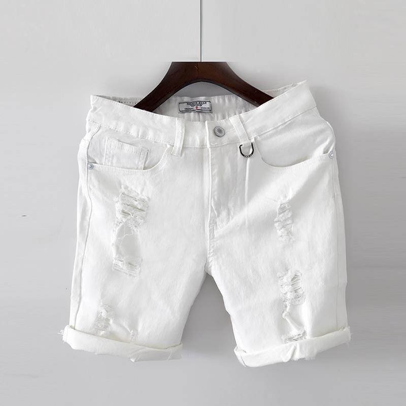 Summer white holed Jeans Shorts men's Capris Korean fashion loose elastic Capris men's fashion