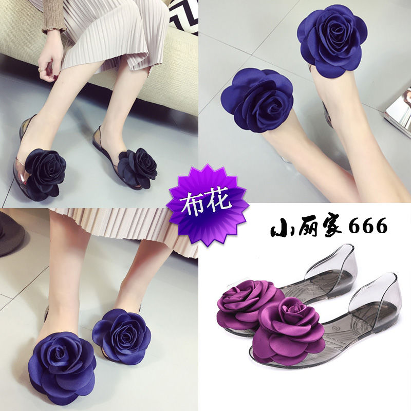 Fish mouth sandals women's summer flat bottomed Student Korean flower new bow women's shoes jelly shoes transparent crystal shoes