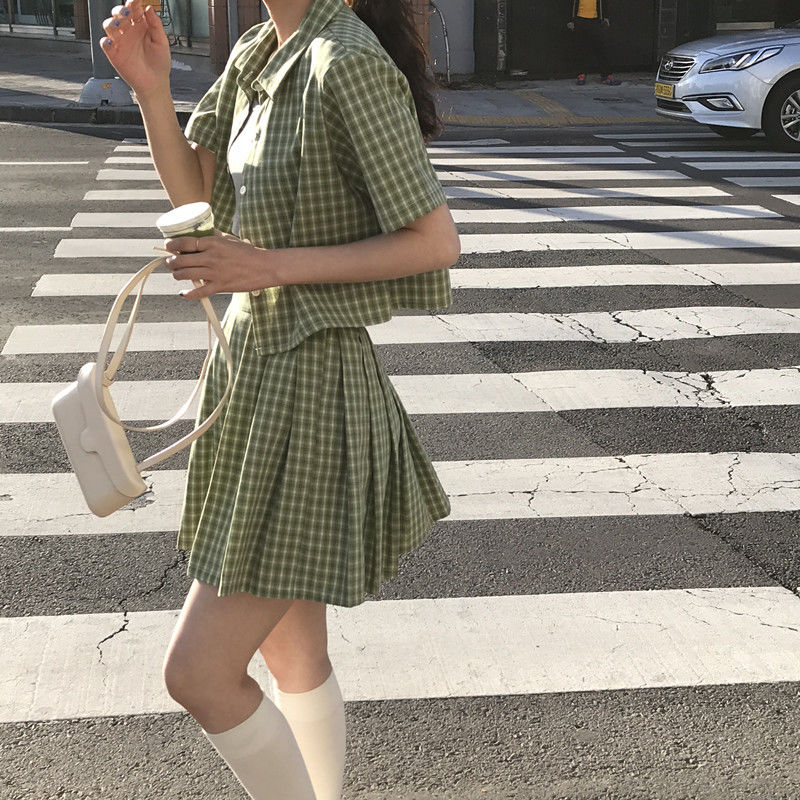 兩件套裝/單件夏季新款顯瘦學院風短袖格子襯衫+百褶裙短半身裙子