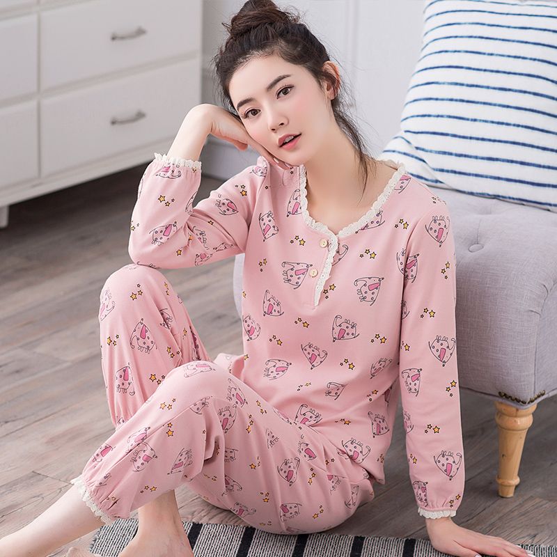 100% cotton pajamas women's spring and autumn long-sleeved Korean version cute autumn and winter summer cotton confinement clothing large size home service suit