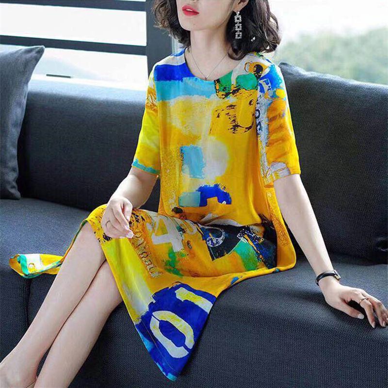 2020 new national style medium long large summer loose Korean version heavy anti season A-line dress T-shirt for women spring and summer