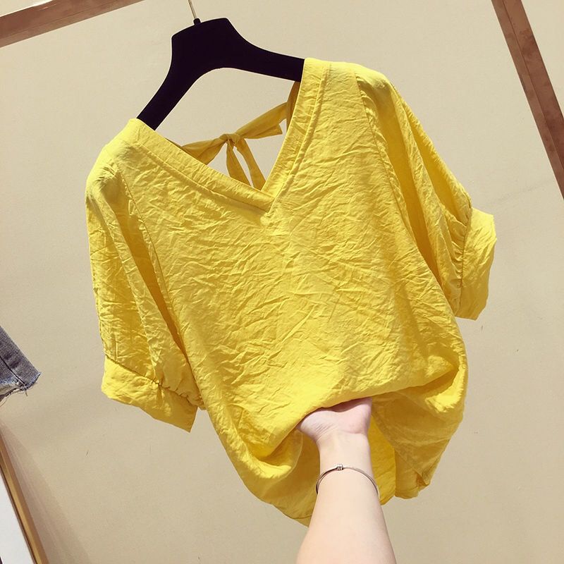 V-neck open back imitation chiffon shirt women's short sleeve 2020 new Korean version super fairy sweet loose skinny cover up top