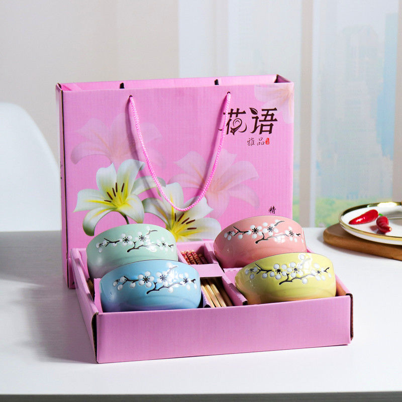 碗日式家用陶瓷碗筷饭碗手绘梅花陶瓷碗餐具套装礼盒活动赠品回礼