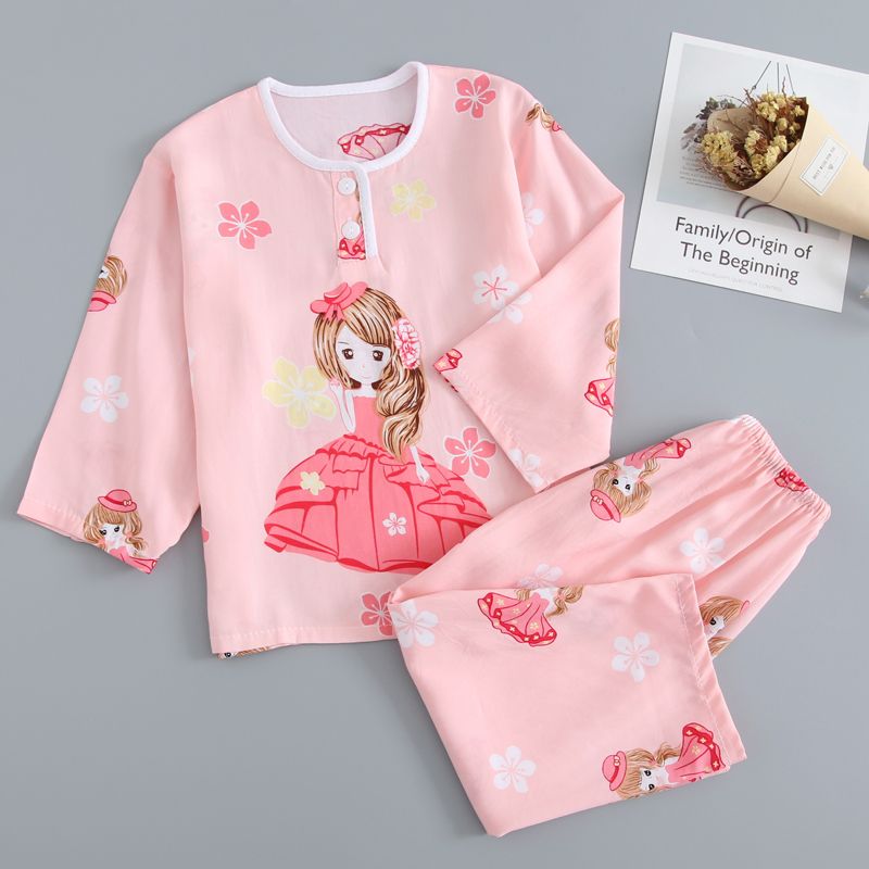 Summer cotton silk children's pajamas suit Boys Girls Cotton silk baby children's long sleeve trousers household air conditioning clothing