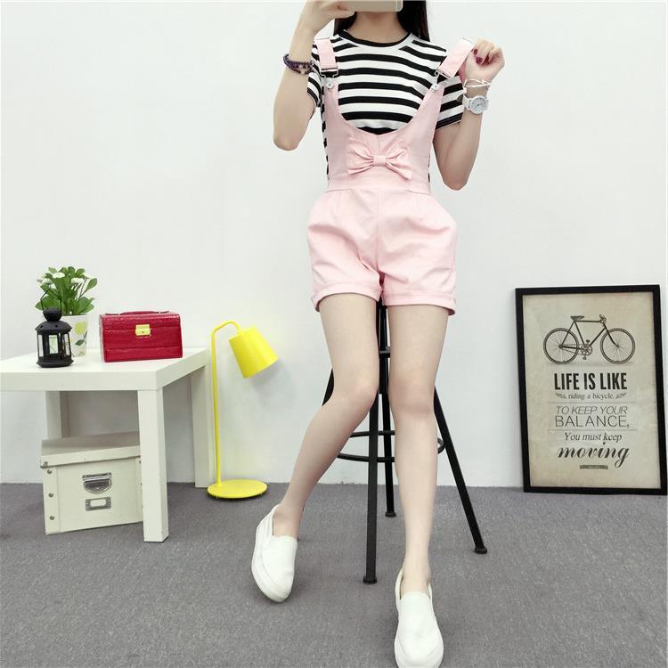 2020 summer new Korean girl candy color denim strap shorts women's College style versatile suspender Jumpsuit