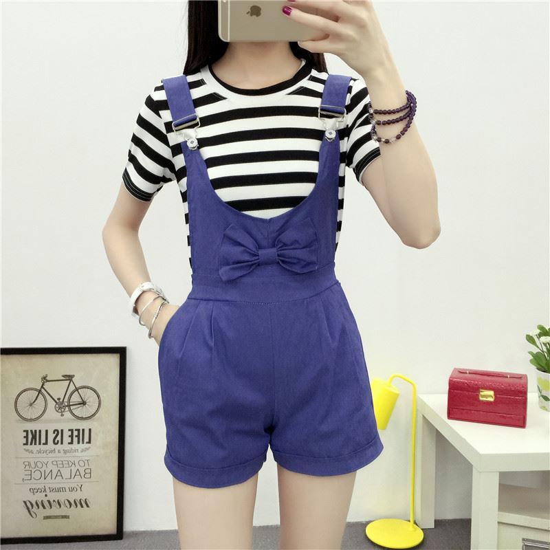 2020 summer new Korean girl candy color denim strap shorts women's College style versatile suspender Jumpsuit