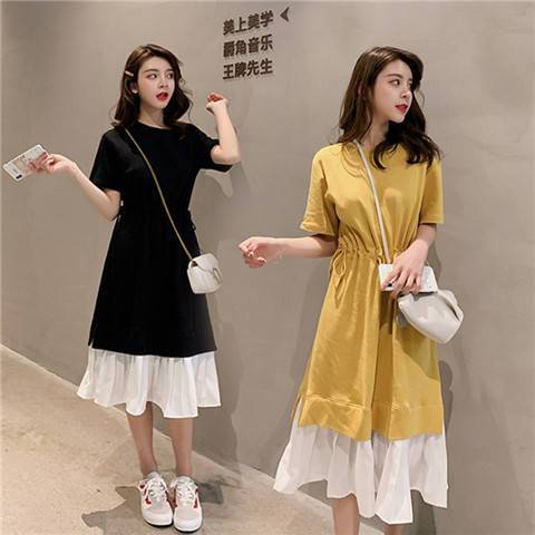 2020 new Korean version loose stitching fake two piece suit suit dress with waist closing middle length skirt dress for women in summer