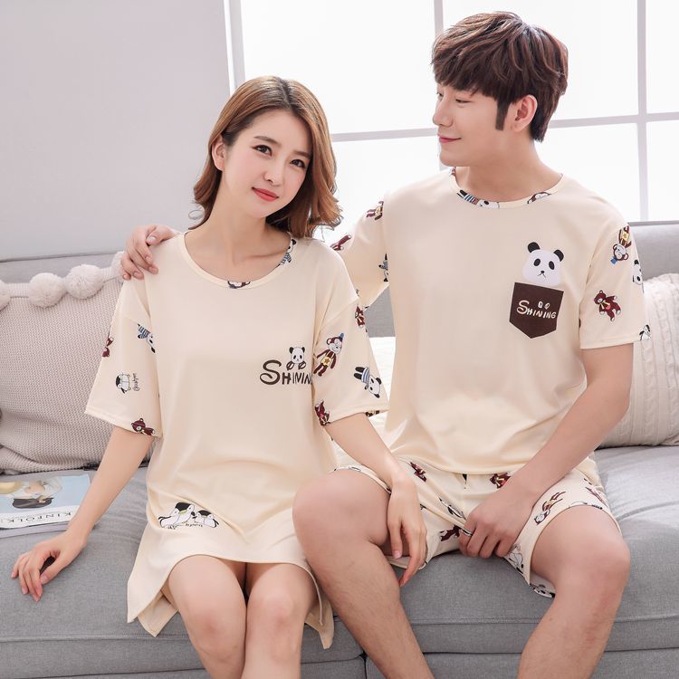Korean couple pajamas women summer thin lovely Korean Short Sleeve nightdress men's home wear set