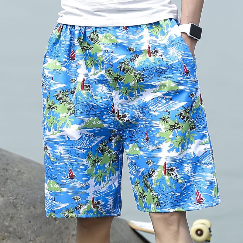 Summer loose quick drying pajamas men's beach pants sports 5-point flower shorts casual 7-point large pants swimming trunks men