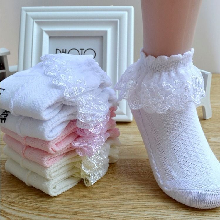 Four pairs of girls' double lace socks children's socks lace dance Socks White Pink Blue solid mesh socks