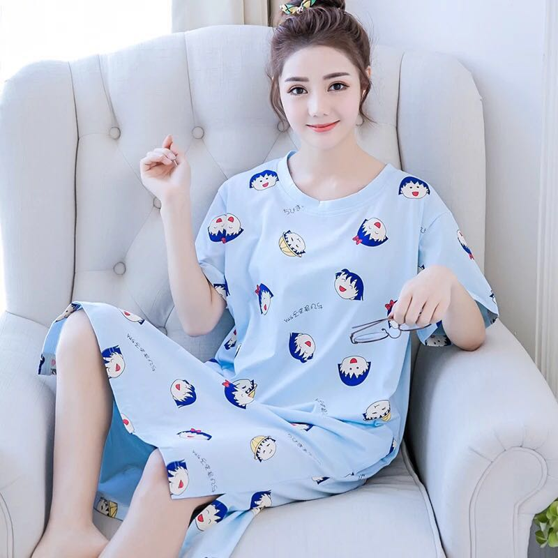 Pajamas women summer lovely short sleeve nightdress women simple fresh nightdress women can wear loose Korean nightdress women summer