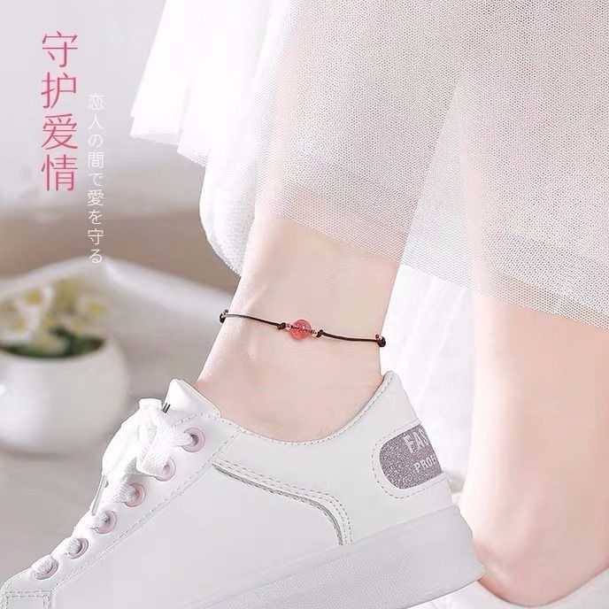 Natural crystal strawberries crystal foot chain women's peach blossom transfer pearl red rope coffee rope Korean version simple personalized Ankle Chain