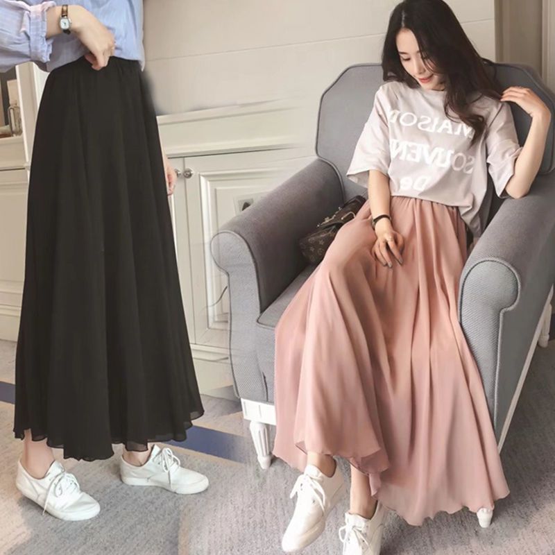 Spring and summer Chiffon double layer large swing skirt long skirt anti permeability small fresh large size high waist ethnic style growing skirt